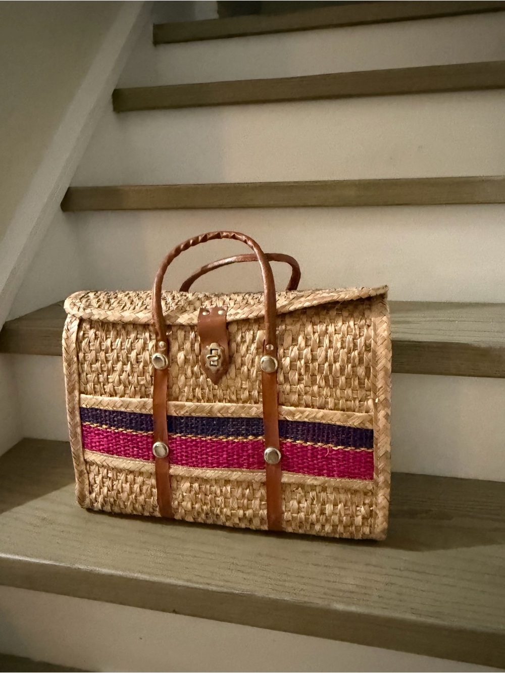Woven Straw Satchel Bag with Pink & Purple Stripe - Picture 2 of 5